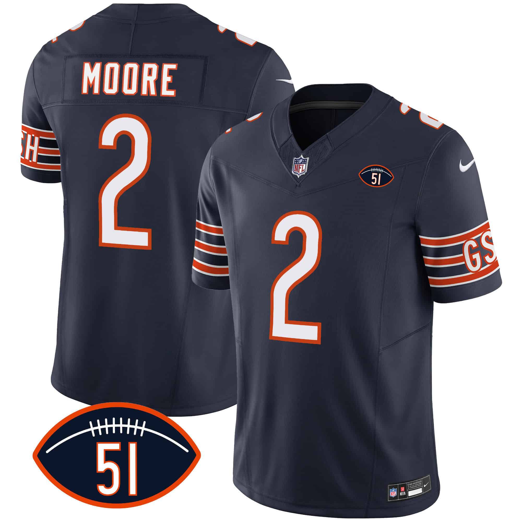 Men Chicago Bears #2 Moore Blue 2024 Nike Patch GSH Vapor NFL Jersey style 1